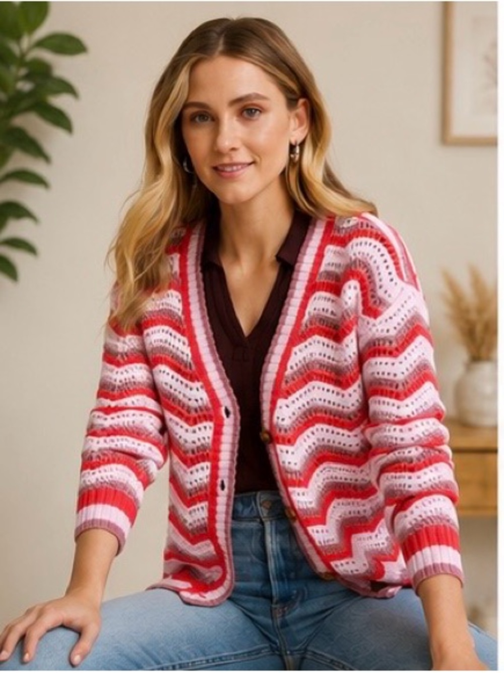 Maurices Chevron Crochet Cardigan Women’s Medium Pink Red Button Front